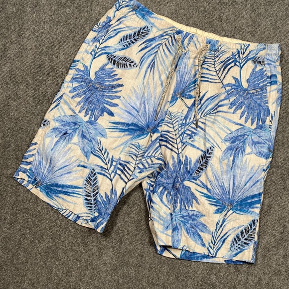 Tommy Bahama Shorts Mens L Blue White Linen Drawstring Palm Leaf Tropical Swim - Picture 1 of 8
